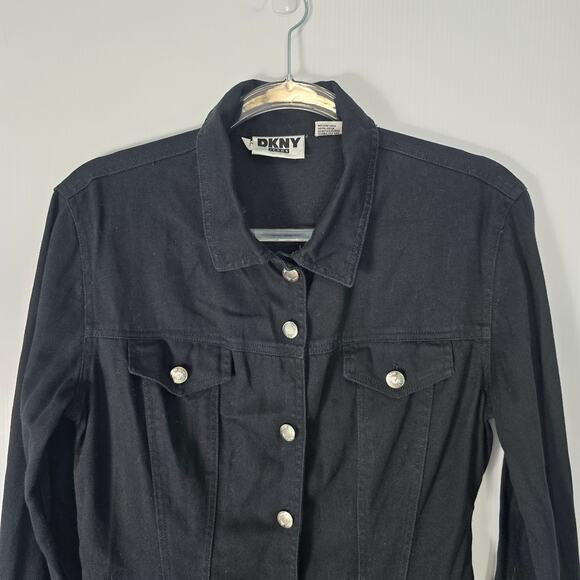 Vintage 90s DKNY Jeans Mini Black Denim Dress Trucker Style Cotton Size 10 - Picture 3 of 8